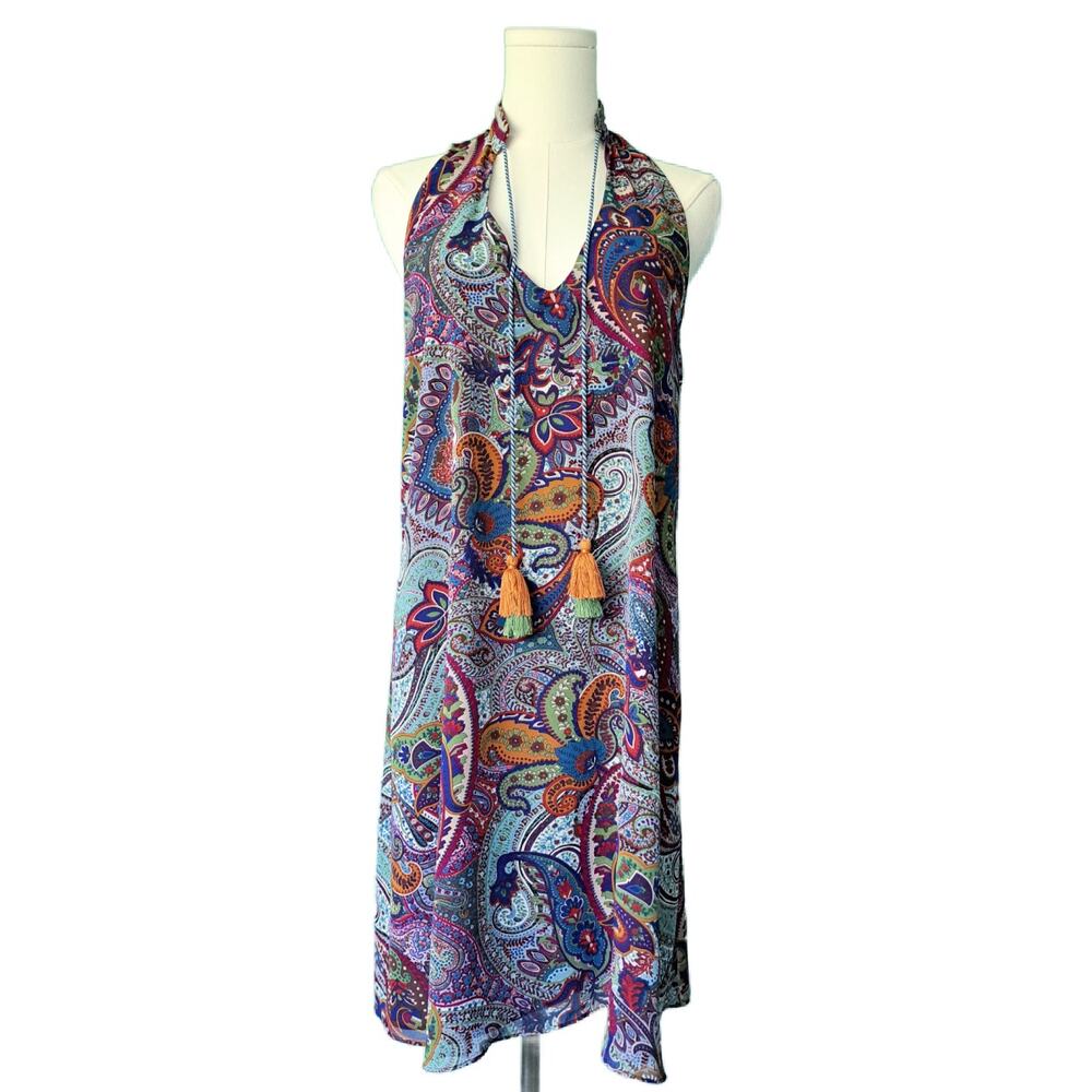 Atina Cristina Swingy Shift Dress Medium Blue Purple Paisley Halter V Neck Boho